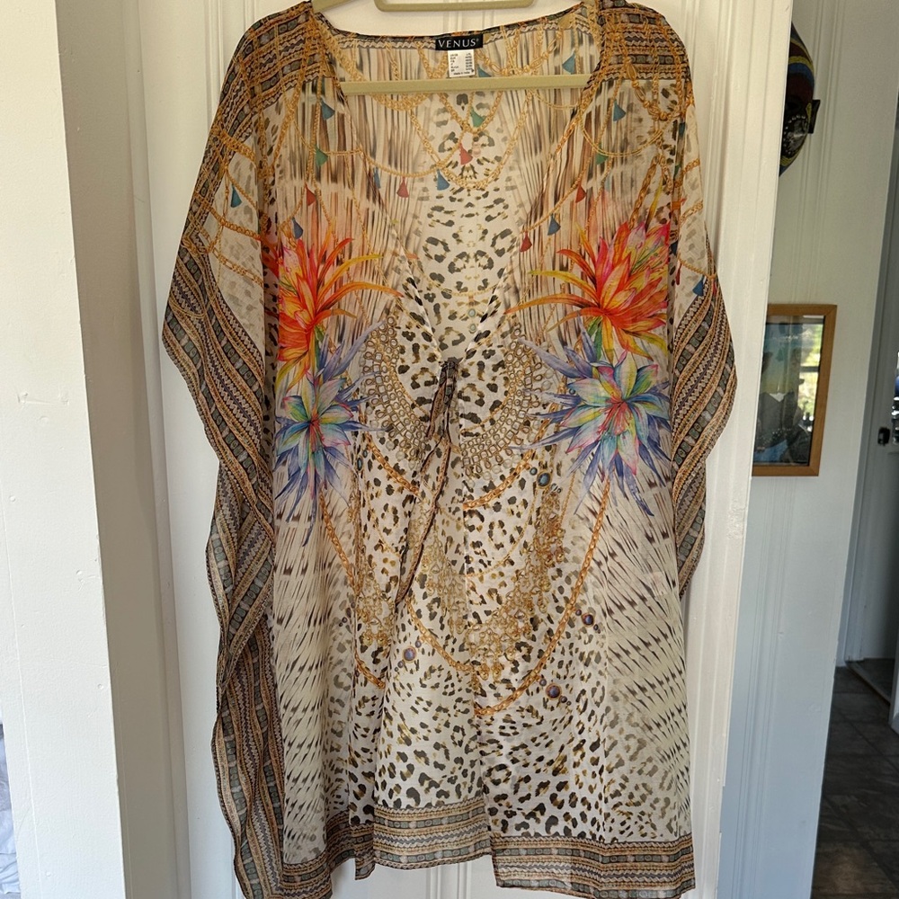 VENUS cover up Beige Sheer Animal Print Tunic with Multicolor Floral Motifs